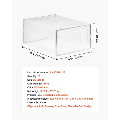 Skoförvaringslådor 12-pack Stapelbara förvaringsorganisatörer US-storlek 11 Vita