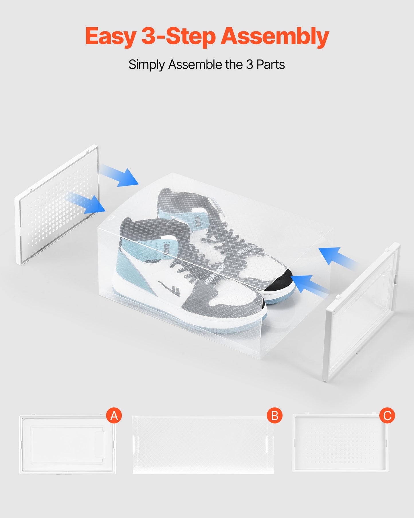 Shoe Storage Boxes, 12 Pack Stackable Shoe Boxes Storage Organizers, Fit up to US Size 11, Plastic Modular Space Saving Sneaker Containers for Storing High Heels, Boots, and Hats, White Frame