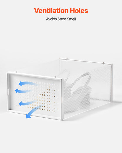 Shoe Storage Boxes, 12 Pack Stackable Shoe Boxes Storage Organizers, Fit up to US Size 11, Plastic Modular Space Saving Sneaker Containers for Storing High Heels, Boots, and Hats, White Frame