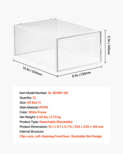 Shoe Storage Boxes, 12 Pack Stackable Shoe Boxes Storage Organizers, Fit up to US Size 11, Plastic Modular Space Saving Sneaker Containers for Storing High Heels, Boots, and Hats, White Frame