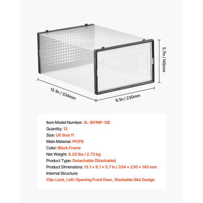 Schuhaufbewahrungsboxen, 12er-Pack, stapelbare Aufbewahrungsorganisatoren, US-Größe 11, Schwarz