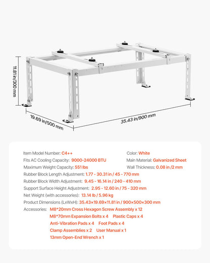 Mini Split Ground Stand, Adjustable Anti-Vibration Mini Split Stand for 9000-24000 BTU Ductless Air Conditioner Heat Pump, Heavy Duty AC Base Bracket Floor Mount w/ 551LBS Max. Load Capacity