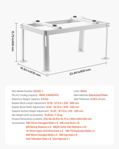 Mini Split Ground Stand, Adjustable Anti-Vibration Mini Split Stand for 9000-24000 BTU Ductless Air Conditioner Heat Pump, Heavy Duty AC Base Bracket Floor Mount w/ 441LBS Max. Load Capacity