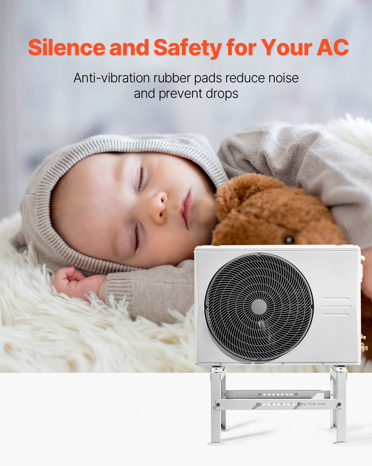 Mini Split Ground Stand, Adjustable Anti-Vibration Mini Split Stand for 9000-60000 BTU Ductless Air Conditioner Heat Pump, Heavy Duty AC Base Bracket Floor Mount w/ 770LBS Max. Load Capacity