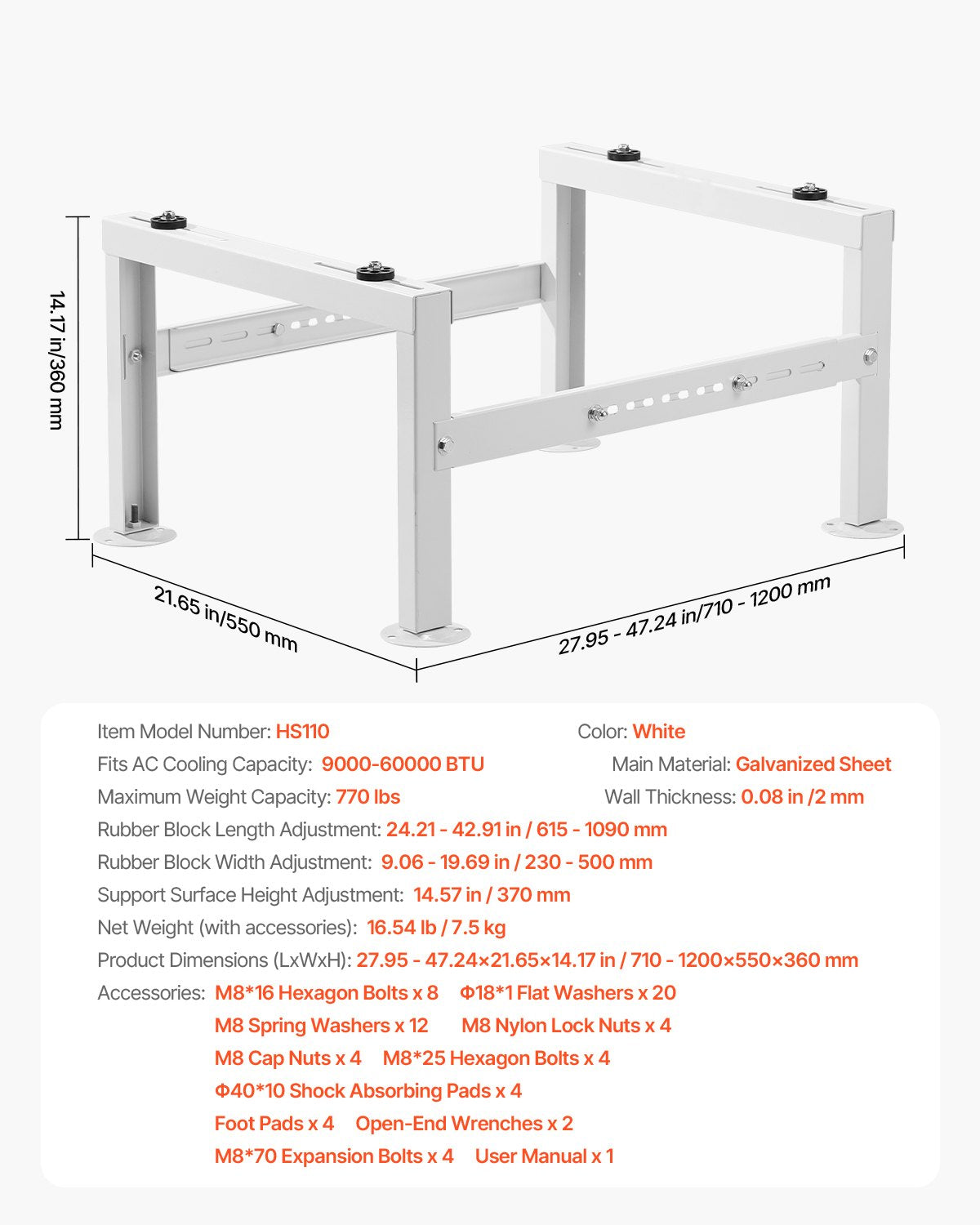 Mini Split Ground Stand, Adjustable Anti-Vibration Mini Split Stand for 9000-60000 BTU Ductless Air Conditioner Heat Pump, Heavy Duty AC Base Bracket Floor Mount w/ 770LBS Max. Load Capacity