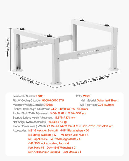 Mini Split Ground Stand, Adjustable Anti-Vibration Mini Split Stand for 9000-60000 BTU Ductless Air Conditioner Heat Pump, Heavy Duty AC Base Bracket Floor Mount w/ 770LBS Max. Load Capacity