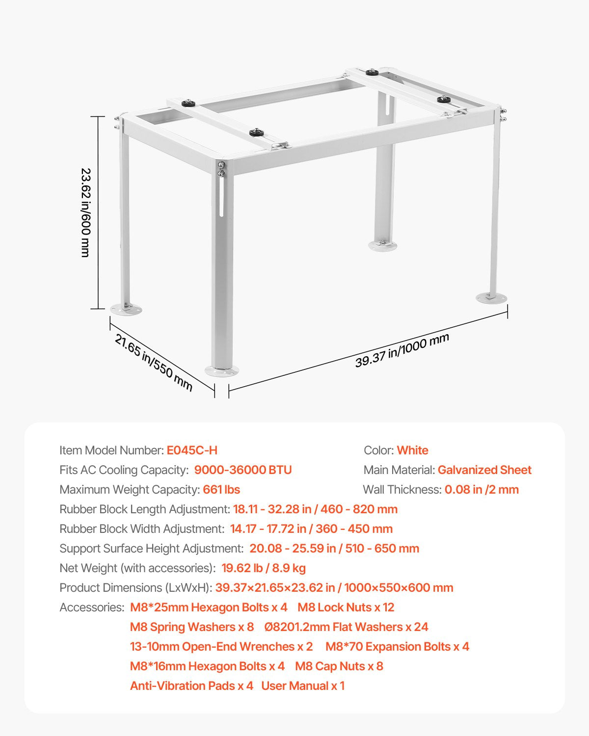 Mini Split Ground Stand, Adjustable Anti-Vibration Mini Split Stand for 9000-36000 BTU Ductless Air Conditioner Heat Pump, Heavy Duty AC Base Bracket Floor Mount w/ 661LBS Max. Load Capacity