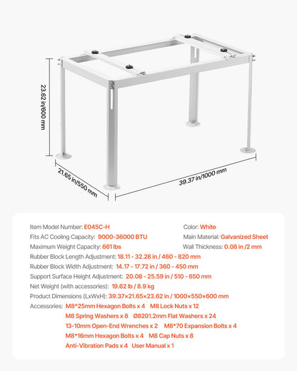 Mini Split Ground Stand, Adjustable Anti-Vibration Mini Split Stand for 9000-36000 BTU Ductless Air Conditioner Heat Pump, Heavy Duty AC Base Bracket Floor Mount w/ 661LBS Max. Load Capacity