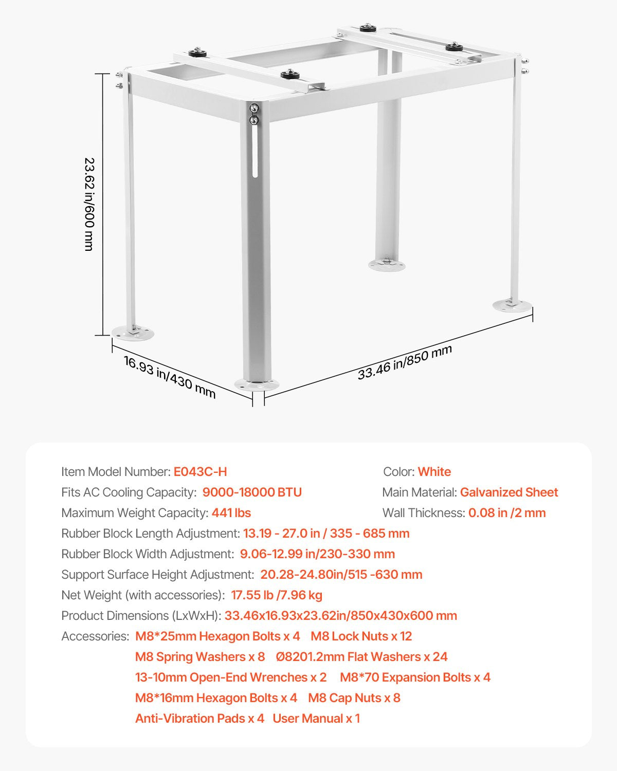 Mini Split Ground Stand, Adjustable Anti-Vibration Mini Split Stand for 9000-18000 BTU Ductless Air Conditioner Heat Pump, Heavy Duty AC Base Bracket Floor Mount w/ 441LBS Max. Load Capacity