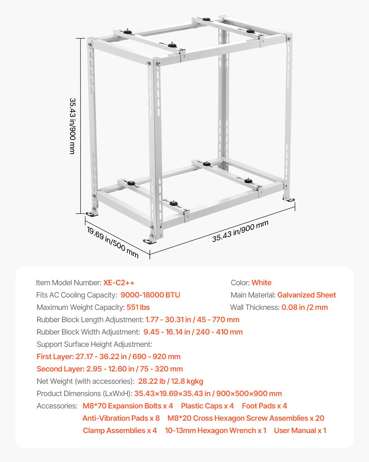Mini Split Ground Stand, Anti-Vibration Mini Split Stand for 9000-18000 BTU Ductless Air Conditioner Heat Pump, Heavy Duty AC Base Bracket Floor Mount w/ 551LBS Max. Load,Dual Levels