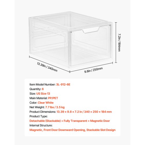Skoförvaringslådor 6 st Stapelbara Skokartonger US Storlek 13 Transparent Vita