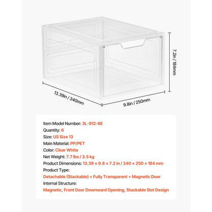Skoförvaringslådor 6 st Stapelbara Skokartonger US Storlek 13 Transparent Vita