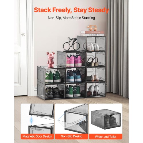 Schuhaufbewahrungsboxen 9 Stück stapelbare Schuhkartons US-Größe 13 transparent schwarz