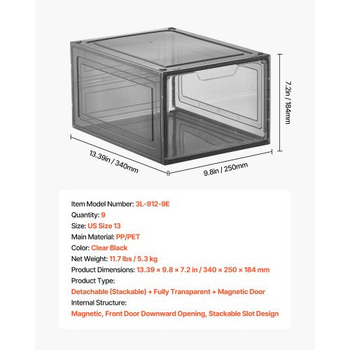 Schuhaufbewahrungsboxen 9 Stück stapelbare Schuhkartons US-Größe 13 transparent schwarz