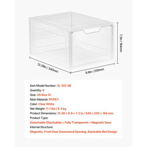 Schuhaufbewahrungsboxen 9 Stück stapelbare Schuhkartons US-Größe 13 transparent weiß