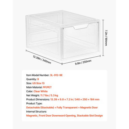Schuhaufbewahrungsboxen 9 Stück stapelbare Schuhkartons US-Größe 13 transparent weiß