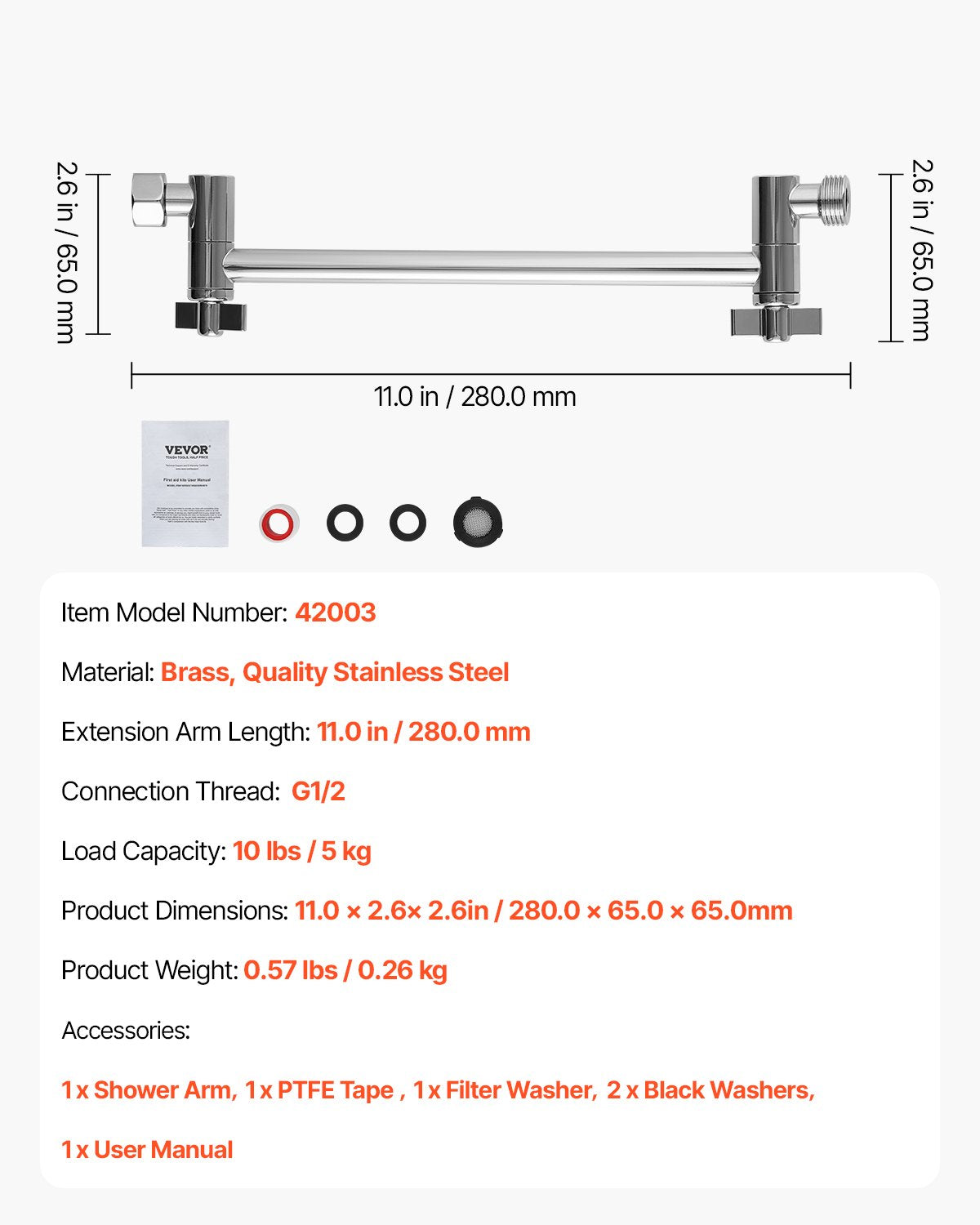 Shower Head Extension Arm, 11 Inches, Brass Shower Arm Extender with Flexible Adjustable Angle Height, Chrome Finish, G1/2 Universal Thread Connector Compatible, for Rain & Handheld Showerhead