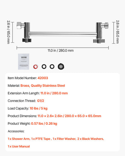 Shower Head Extension Arm, 11 Inches, Brass Shower Arm Extender with Flexible Adjustable Angle Height, Chrome Finish, G1/2 Universal Thread Connector Compatible, for Rain & Handheld Showerhead