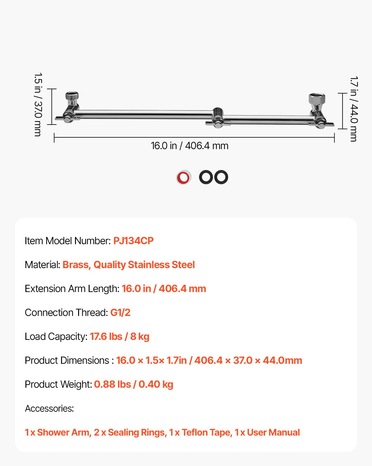 Shower Head Extension Arm, 16 inches, Brass Shower Arm Extender with Flexible Adjustable Angle Height, Chrome Finish, G1/2 Universal Thread Connector Compatible, for Rain & Handheld Showerhead