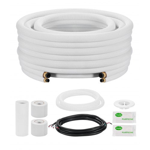 25ft Mini Split Line Set, 3/8” & 5/8” OD AC Copper Tubing Pipe, 3/8 White PE Thickened Insulated Coil with Flared Nuts, Rich Fittings, for Mini Split Air Conditioner HVAC or Heat Pump System
