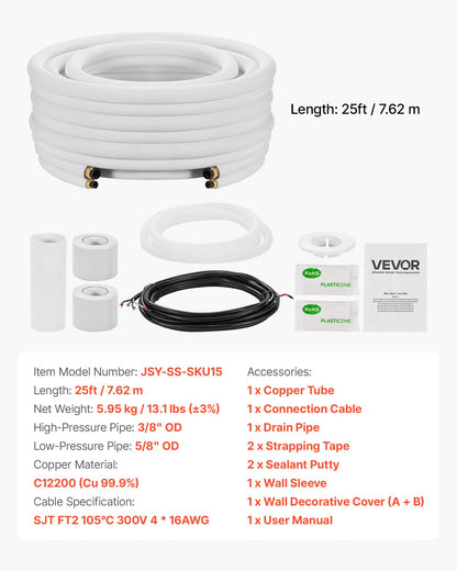 25ft Mini Split Line Set, 3/8” & 5/8” OD AC Copper Tubing Pipe, 3/8 White PE Thickened Insulated Coil with Flared Nuts, Rich Fittings, for Mini Split Air Conditioner HVAC or Heat Pump System