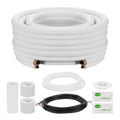 50ft Mini Split Line Set, 1/4” & 3/8” OD AC Copper Tubing Pipe, 3/8 White PE Thickened Insulated Coil with Flared Nuts, Rich Fittings, for Mini Split Air Conditioner HVAC or Heat Pump System