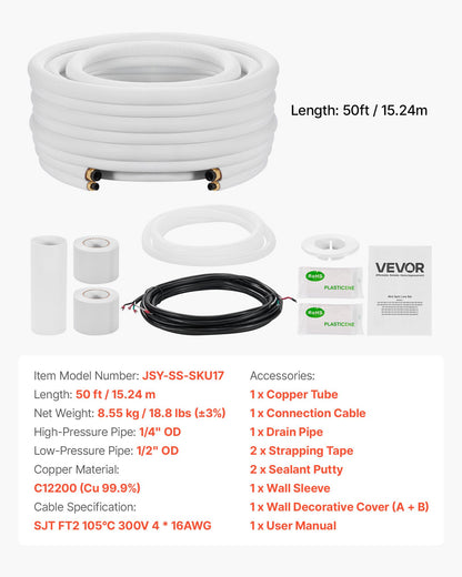 50ft Mini Split Line Set, 1/4” & 1/2” OD AC Copper Tubing Pipe, 3/8 White PE Thickened Insulated Coil with Flared Nuts, Rich Fittings, for Mini Split Air Conditioner HVAC or Heat Pump System