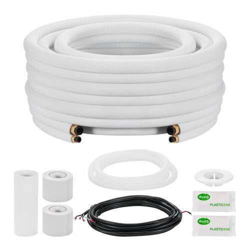 50ft Mini Split Line Set, 3/8” & 5/8” OD AC Copper Tubing Pipe, 3/8 White PE Thickened Insulated Coil with Flared Nuts, Rich Fittings, for Mini Split Air Conditioner HVAC or Heat Pump System