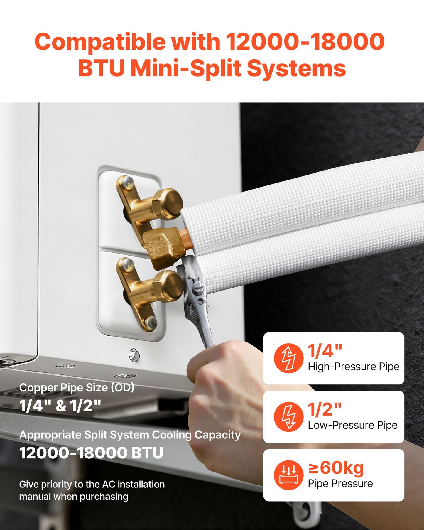 50ft Mini Split Line Set, 1/4” & 1/2” OD AC Copper Tubing Pipe, 3/8 White PE Thickened Insulated Coil with Flared Nuts, Strapping Tapes, for Mini Split Air Conditioner HVAC or Heat Pump System