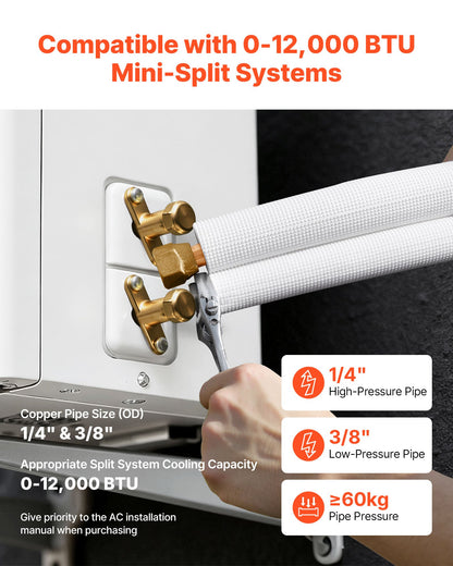 50ft Mini Split Line Set, 1/4” & 3/8” OD AC Copper Tubing Pipe, 3/8 White PE Thickened Insulated Coil with Flared Nuts, Strapping Tapes, for Mini Split Air Conditioner HVAC or Heat Pump System