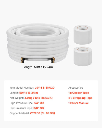 50ft Mini Split Line Set, 1/4” & 3/8” OD AC Copper Tubing Pipe, 3/8 White PE Thickened Insulated Coil with Flared Nuts, Strapping Tapes, for Mini Split Air Conditioner HVAC or Heat Pump System