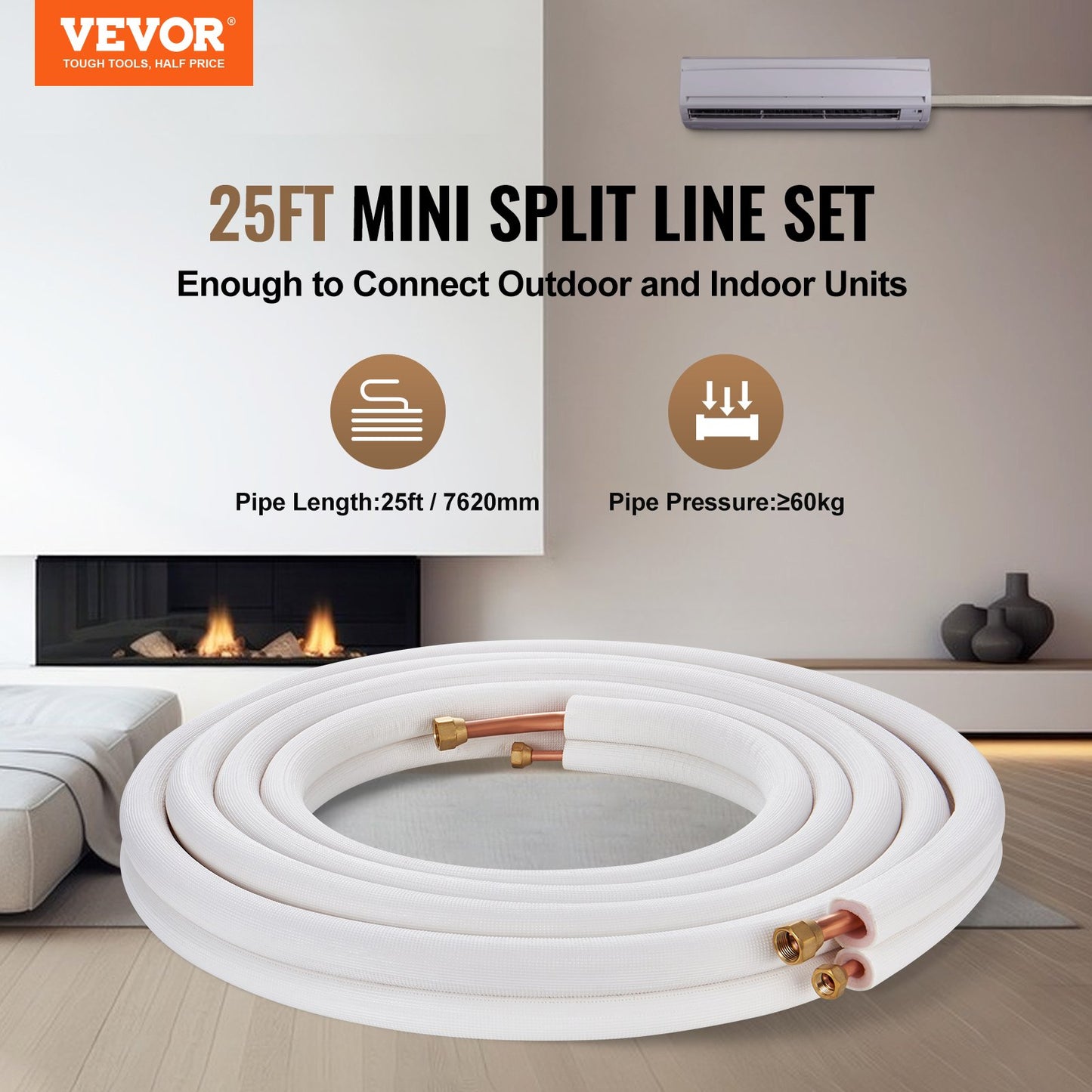 7620 mm Mini Split Line Set, 6,4 & 12,7 mm OD kopparrör och trippelskiktsisolering, för Mini Split Air Conditioning Köldmedium eller Värmepumputrustning & VVS med omslagsremsor.