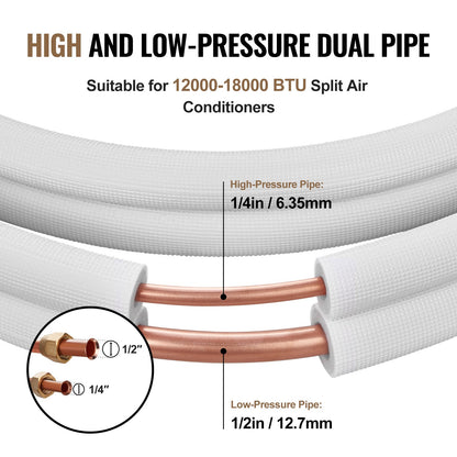 25FT Mini Split Line Set, 1/4" & 1/2" O.D Copper Pipes Tubing and Triple-Layer Insulation, for Mini Split Air Conditioning Refrigerant or Heating Pump Equipment & HVAC with Wrapping Strips.