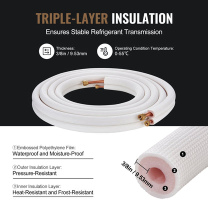 25FT Mini Split Line Set, 1/4" & 1/2" O.D Copper Pipes Tubing and Triple-Layer Insulation, for Mini Split Air Conditioning Refrigerant or Heating Pump Equipment & HVAC with Wrapping Strips.