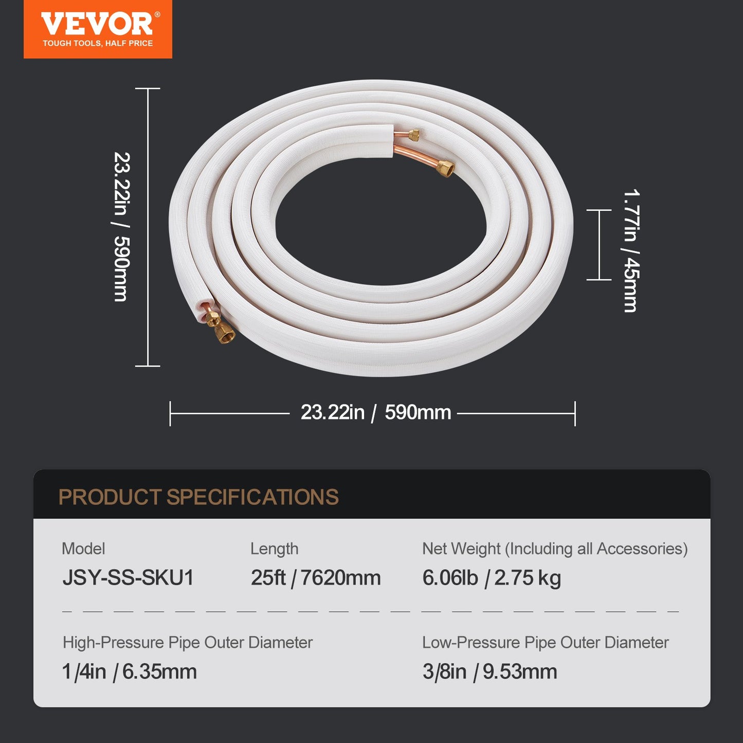 25FT Mini Split Line Set, 1/4" & 3/8" O.D Copper Pipes Tubing and Triple-Layer Insulation, for Mini Split Air Conditioning Refrigerant or Heating Pump Equipment & HVAC with Wrapping Strips.