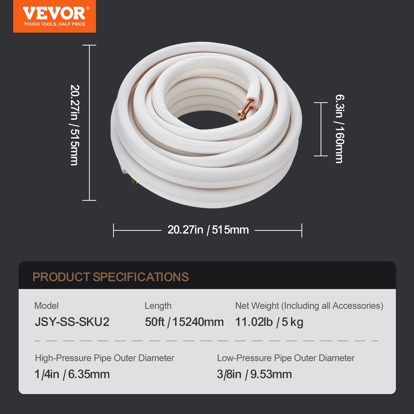 50FT Mini Split Line Set, 1/4" & 3/8" O.D Copper Pipes Tubing and Triple-Layer Insulation, for Mini Split Air Conditioning Refrigerant or Heating Pump Equipment & HVAC with Wrapping Strips.