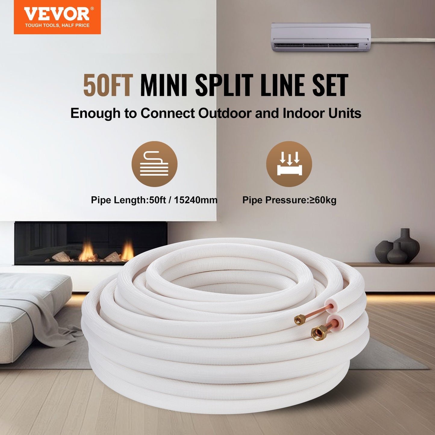 15240 mm Mini Split Line Set, 6,4 & 12,7 mm OD kopparrör och trippelskiktsisolering, för Mini Split Air Conditioning Köldmedium eller Värmepumputrustning & VVS med omslagsremsor.