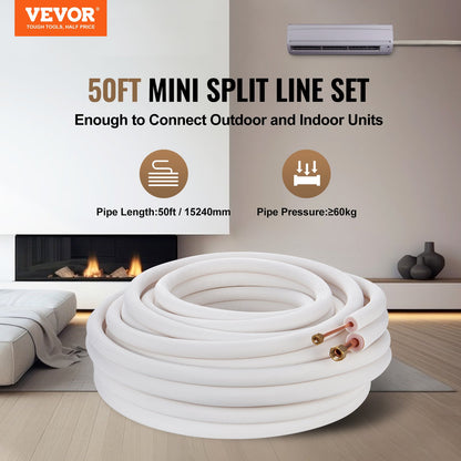 15240 mm Mini Split Line Set, 6,4 & 12,7 mm OD kopparrör och trippelskiktsisolering, för Mini Split Air Conditioning Köldmedium eller Värmepumputrustning & VVS med omslagsremsor.