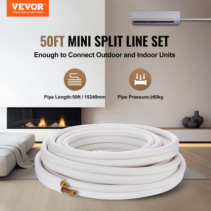 15240 mm Mini Split Line Set, 9,5 & 15,9 mm OD kopparrör och trippelskiktsisolering, för Mini Split Air Conditioning Köldmedium eller Värmepumputrustning & VVS med omslagsremsor.
