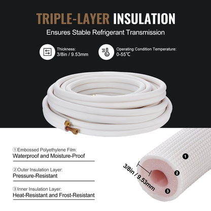 50FT Mini Split Line Set, 3/8" & 5/8" O.D Copper Pipes Tubing and Triple-Layer Insulation, for Mini Split Air Conditioning Refrigerant or Heating Pump Equipment & HVAC with Wrapping Strips.
