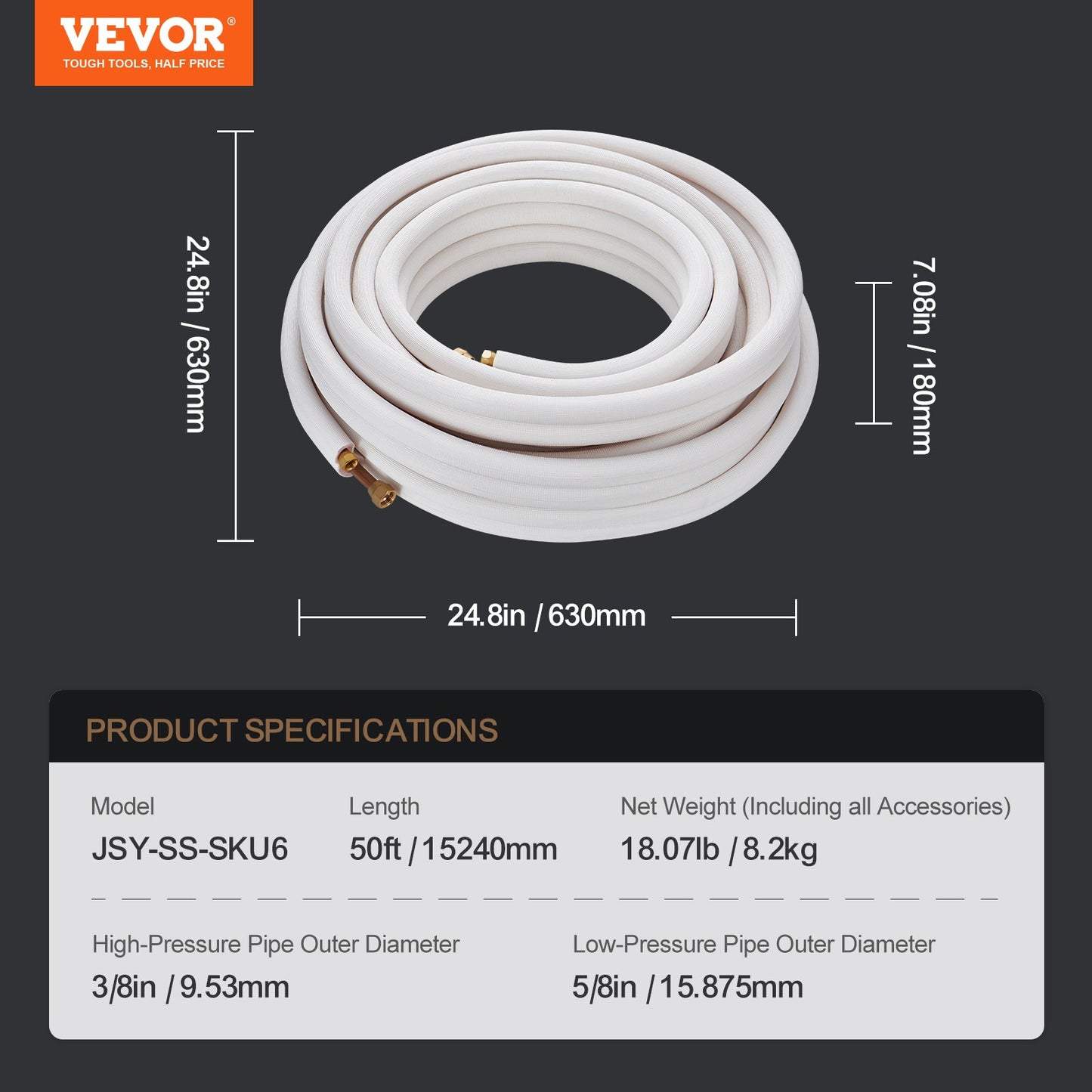 50FT Mini Split Line Set, 3/8" & 5/8" O.D Copper Pipes Tubing and Triple-Layer Insulation, for Mini Split Air Conditioning Refrigerant or Heating Pump Equipment & HVAC with Wrapping Strips.