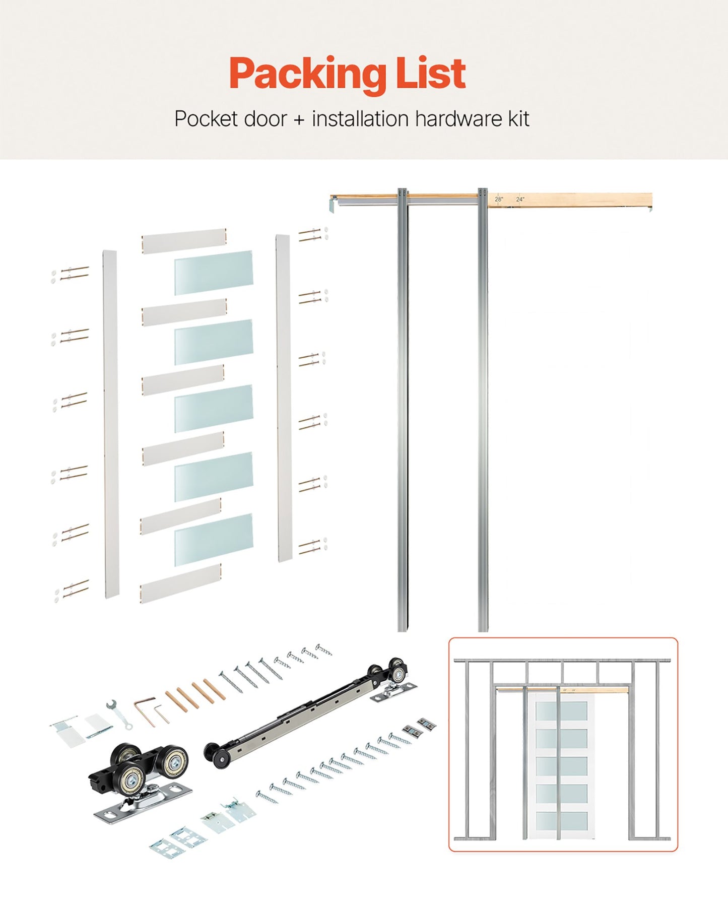 Sliding Pocket Door, 30" x 80", 5-Lite Frosted Glass Single Sliding Door with Hardware Kit, Sturdy Solid Wood & MDF Pocket Doors Slab with Waterproof Surface for Bedroom Kitchen Study Room