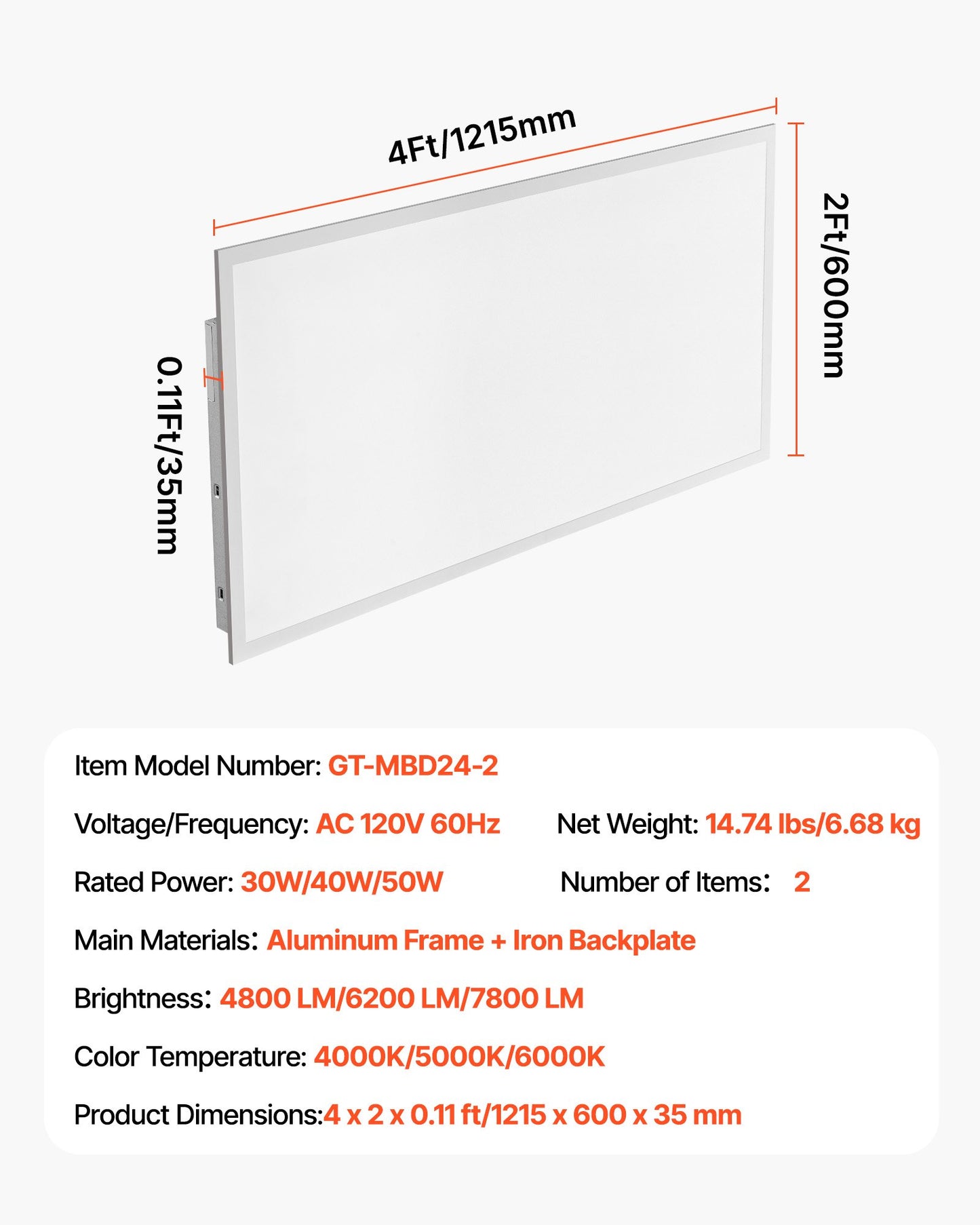 2x4 FT LED Flat Panel Light, 7800 LM, Flush Mount LED Drop Ceiling Lighting Fixture with 3 Color Selectable 4000K/5000K/6000K, 30W/40W/50W, 0-10V Dimmable, Ultra Slim for Home Kitchen, 2 Pack