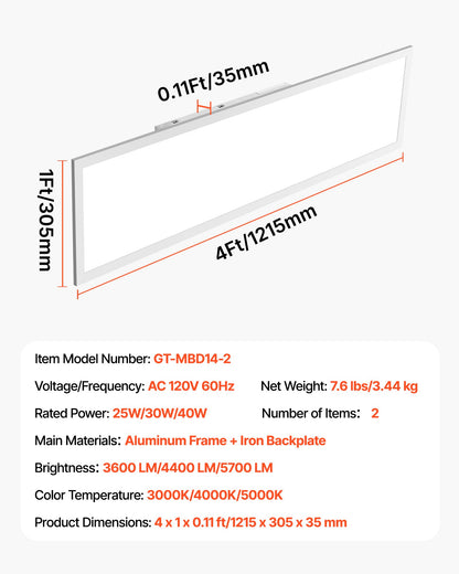 1x4 FT LED Flat Panel Light, 5700 LM, Flush Mount LED Drop Ceiling Lighting Fixture with 3 Color Selectable 3000K/4000K/5000K, 25W/30W/40W, 0-10V Dimmable, Ultra Slim for Home Kitchen, 2 Pack