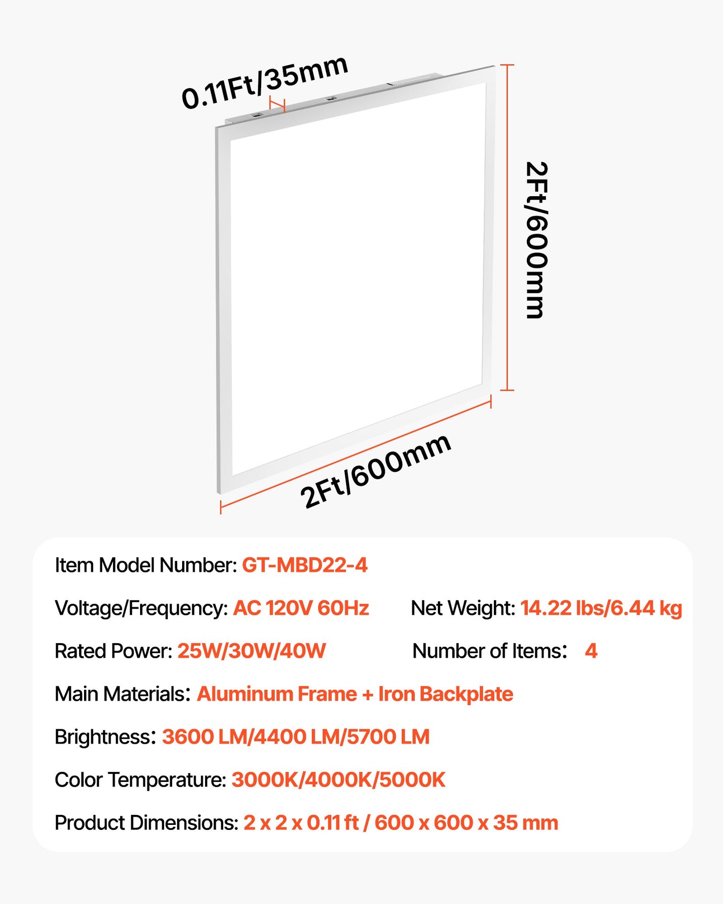 2x2 FT LED Flat Panel Light, 5700 LM, Flush Mount LED Drop Ceiling Lighting Fixture with 3 Color Selectable 3000K/4000K/5000K, 25W/30W/40W, 0-10V Dimmable, Ultra Slim for Home Kitchen, 4 Pack