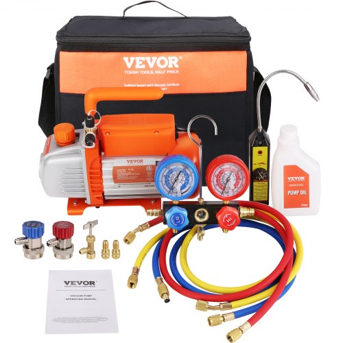 1/4 HP 4.5 CFM AC Vacuum Pump and Gauge Set, Single Stage Rotary Vane HVAC Air Vacuum Pump A/C Refrigerant Kit Manifold Gauge Set, with Three-Color Hose Carry Bag, Applicable to R134a, R410a