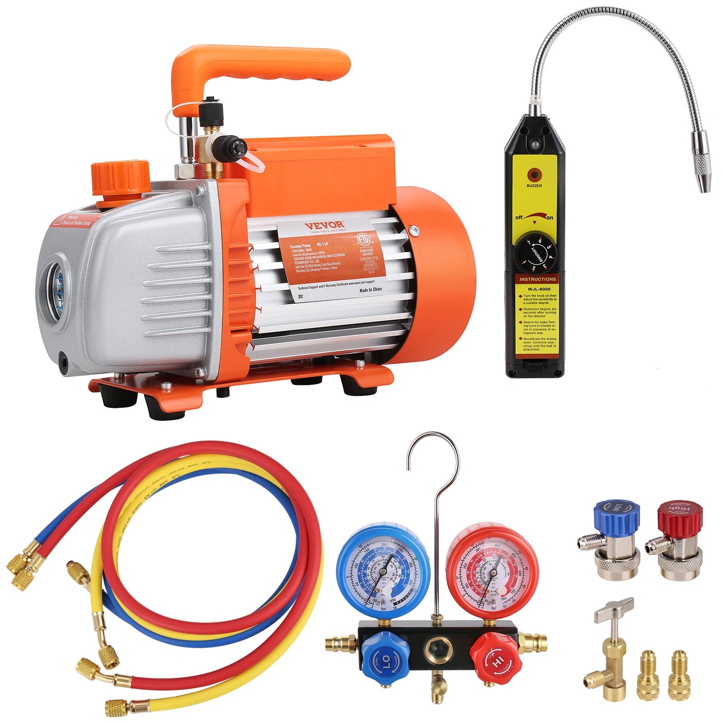 1/4 HP 4.5 CFM AC Vacuum Pump and Gauge Set, Single Stage Rotary Vane HVAC Air Vacuum Pump A/C Refrigerant Kit Manifold Gauge Set, with Three-Color Hose Carry Bag, Applicable to R134a, R410a