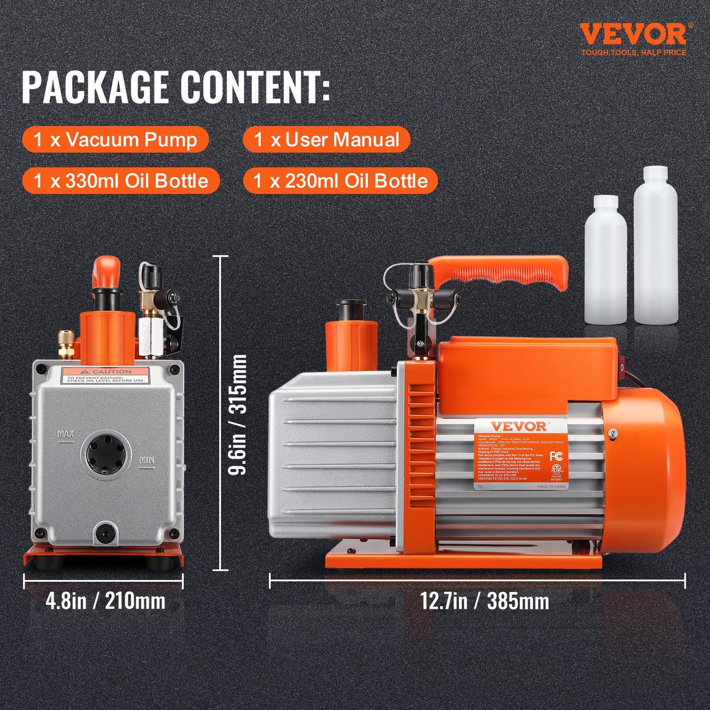1/2 HP 2 Stage Rotary Vane Vacuum Pump, 5 CFM, 115V Air Conditioning Vacuum Pump, 1/4" SAE Male 3/8" SAE Male 1/2" ACME Male Inlet, for HVAC Repair, Refrigeration Maintenance, Resin Degassing