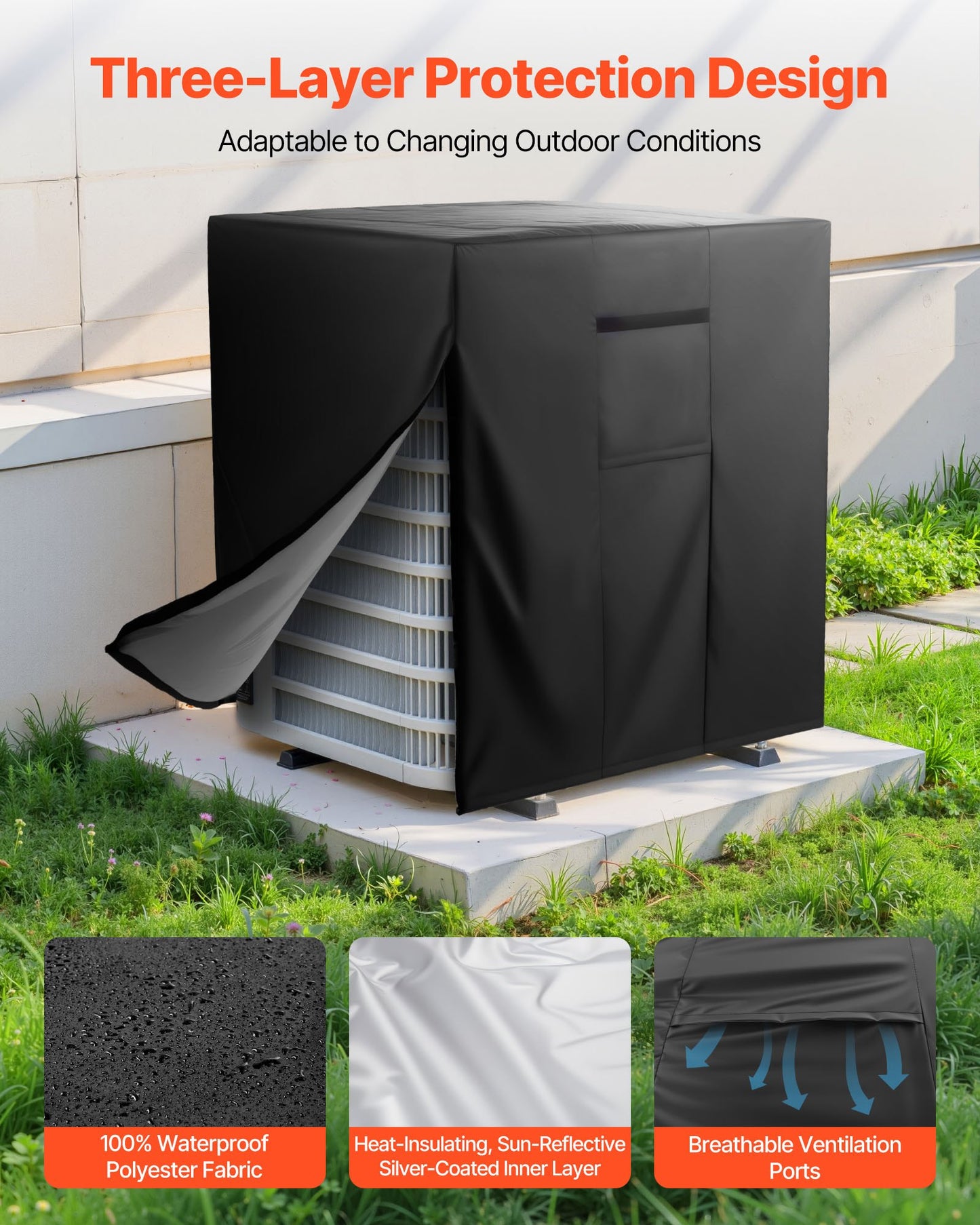 Air Conditioner Cover, 24 x 24 x 30 inch Ac Cover for Air Conditioning Unit, Three-Layer, Waterproof Polyester Fabric, Mesh Ventilation, Universal Defender for Outdoor Outside Ac Unit, Black