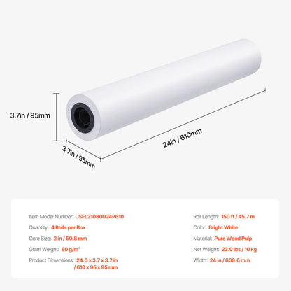 Wide Format Paper Plotter Paper 4 Rolls 24 Inch x 150 Feet CAD Bond Rolls